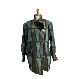 Yves Saint Laurent Green+Black Leather Jacket, Medium/Large